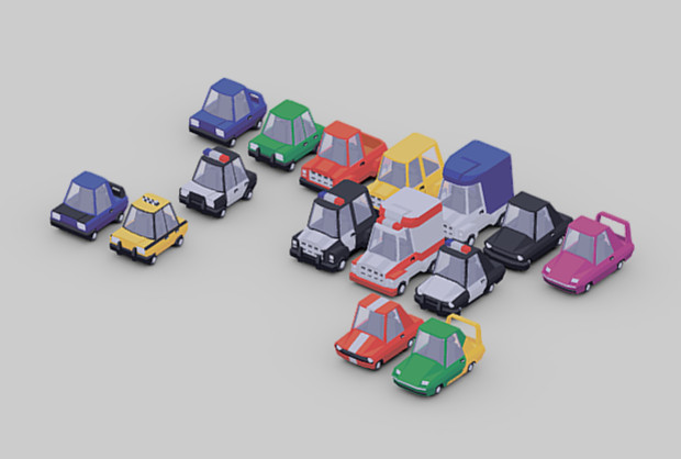 Low Poly卡通汽车组合3d模型插图
