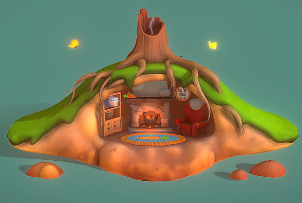 森林兔子的家地下洞穴室内房间场景3d模型插图