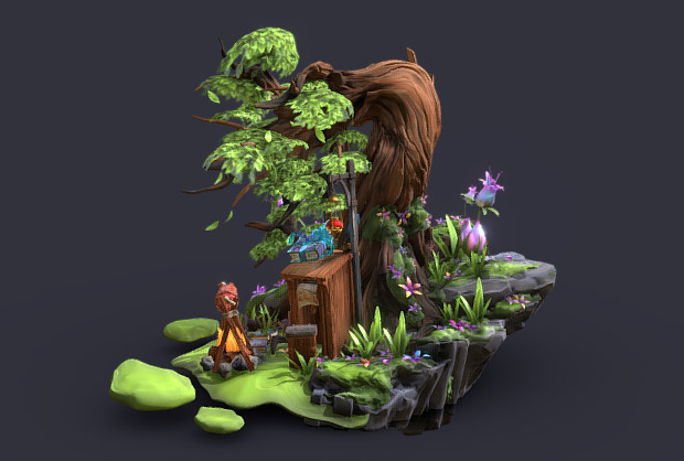 神奇的森林青苔岩石枯树花卉自然场景3d模型插图