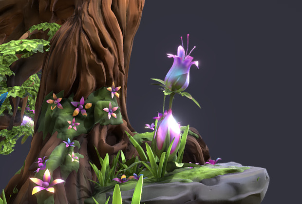 神奇的森林青苔岩石枯树花卉自然场景3d模型插图1