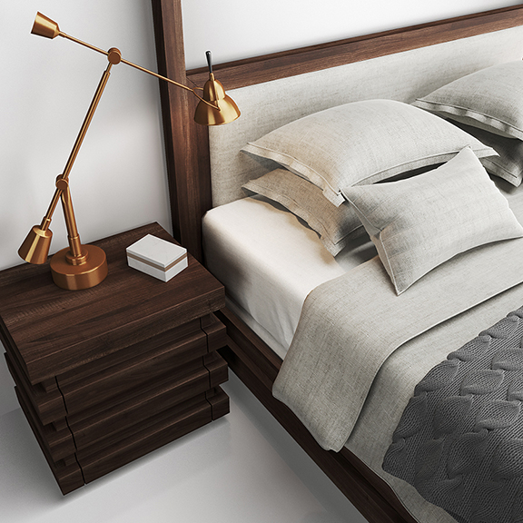 深咖色复古堆叠床和床头柜组合3d模型插图1
