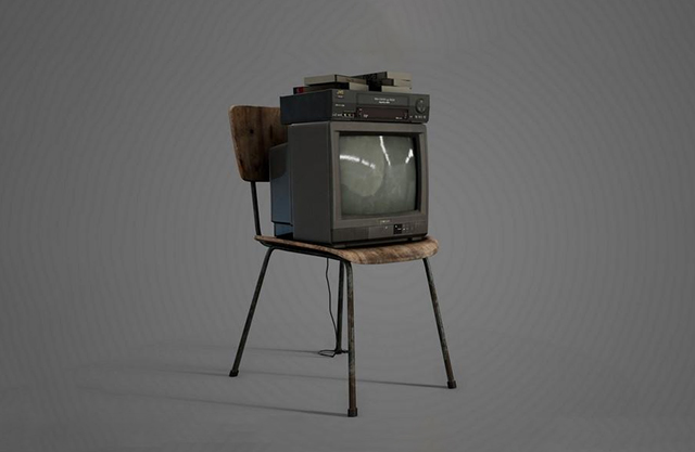 80年代复古黑白电视机+磁带机组合3d模型插图