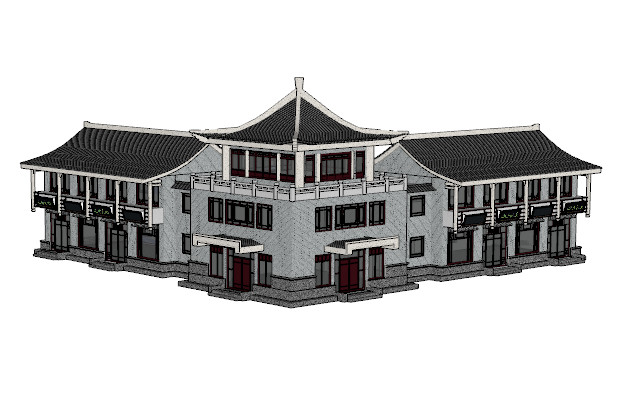 仿古商业步行街新中式建筑SketchUp模型插图1