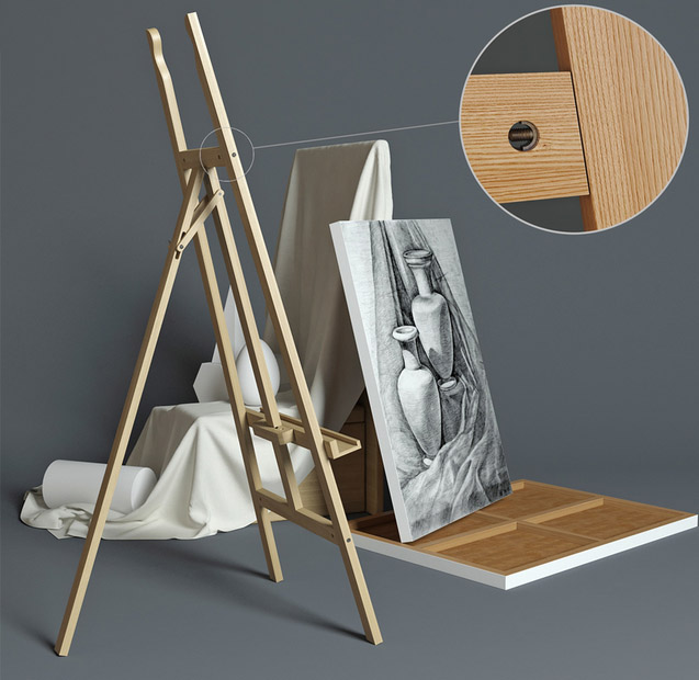 室内画室画架与石膏人物组合静物3d模型插图