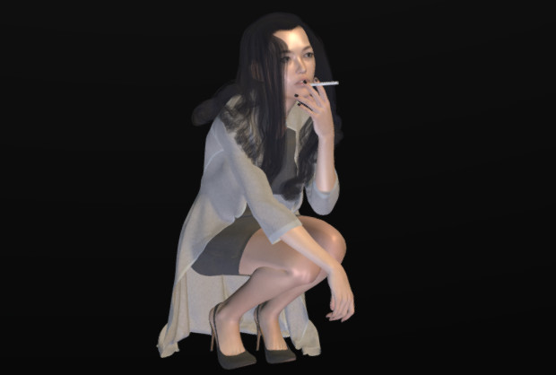 吸烟的女人蹲地上抽烟的女孩3d模型插图