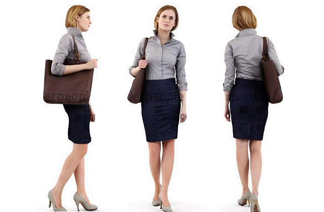 上班族职业女性人物 办公室人物素材 职业装女孩 背包白领 办公室配景人物3d模型插图