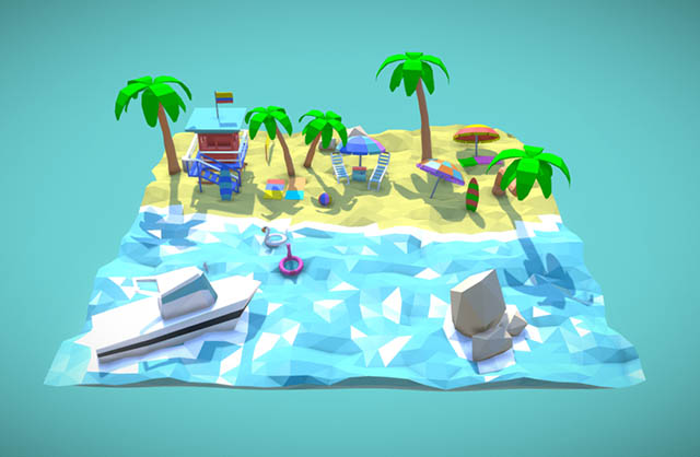 low poly 海滩 沙滩 游艇 太阳伞 椰子树 游泳圈 度假场景模型插图