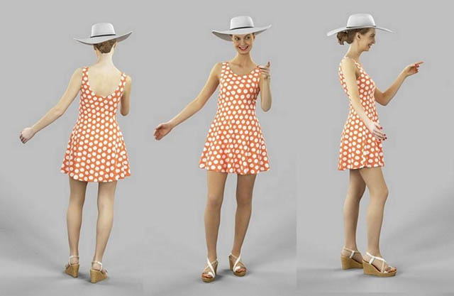 连衣裙女孩、夏天帽子的优雅女人3D模型插图