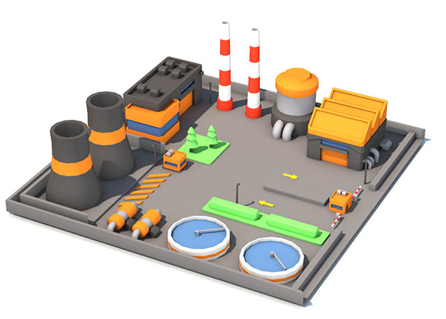 三维卡通化核电站工厂low poly模型插图