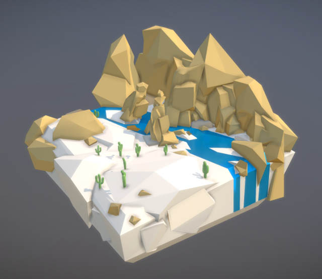 low poly 岩石 小溪 仙人掌 河 沙模型插图