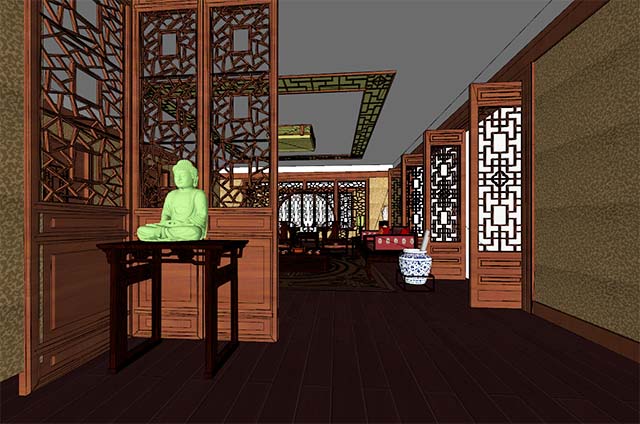 中式风格会客厅室内设计SketchUp模型插图