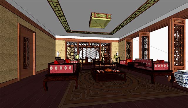 中式风格会客厅室内设计SketchUp模型插图1