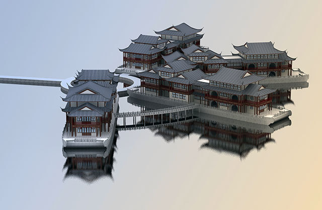 高端木制画舫船房子景观建筑3d模型插图