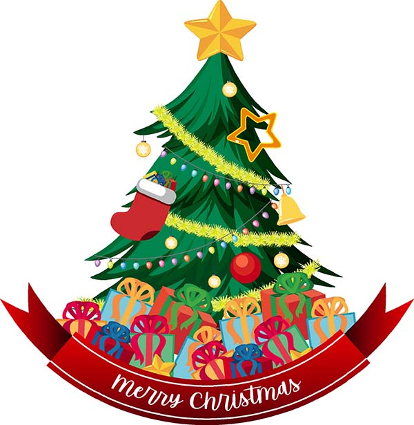圣诞快乐文字横幅与圣诞树和装饰矢量图插图
