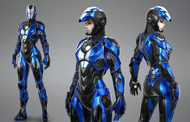钢铁侠 钢铁铠甲女战士 科幻机械装甲 机器人 科幻人物角色插图