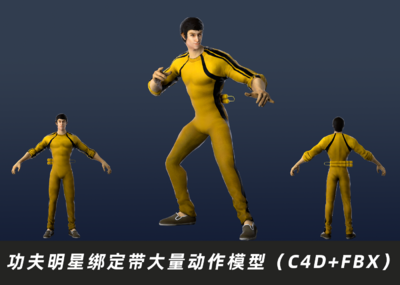 李小龙 Bruce Lee 功夫 双节棍 截拳道 绑定C4D模型带大量动作插图