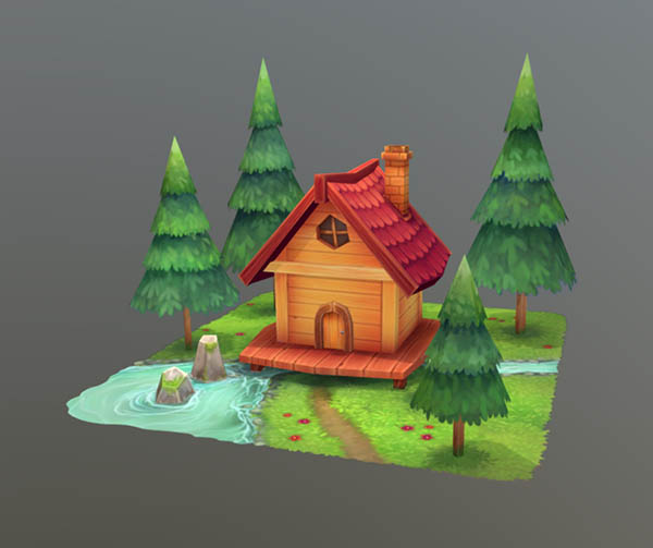 夏日森林小屋手绘低面模型插图
