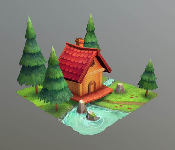 夏日森林小屋手绘低面模型插图1