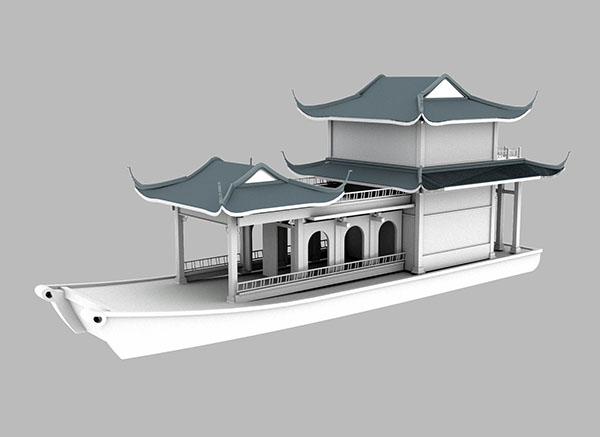 西湖边的游船木制画舫船3d模型插图1