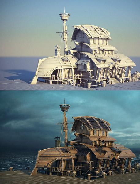 海盗的巢穴 海盗船 木屋 渔村木房子maya模型插图