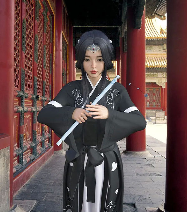 中国武侠古典美女吹笛子古装女侠3d模型插图