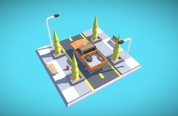 Low Poly Pickup Truck城市场景模型插图