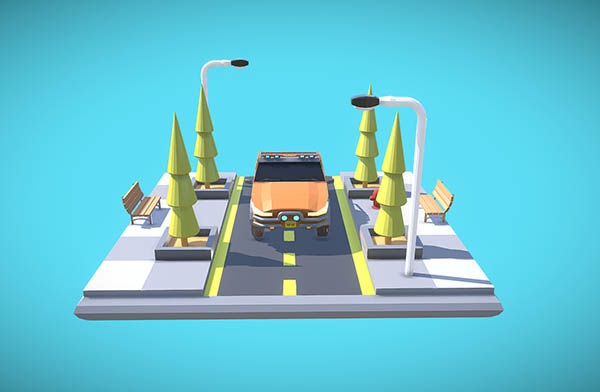 Low Poly Pickup Truck城市场景模型插图1