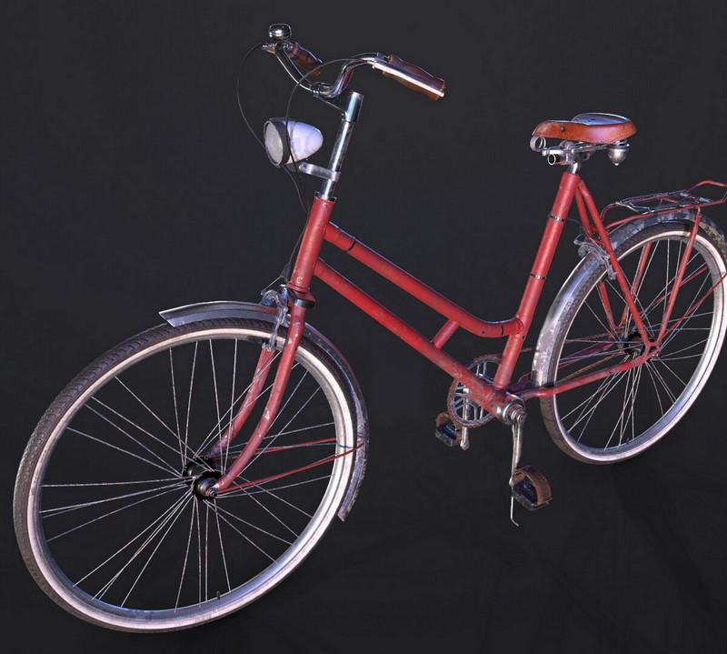 红色旧二手自行车 – 3D模型插图