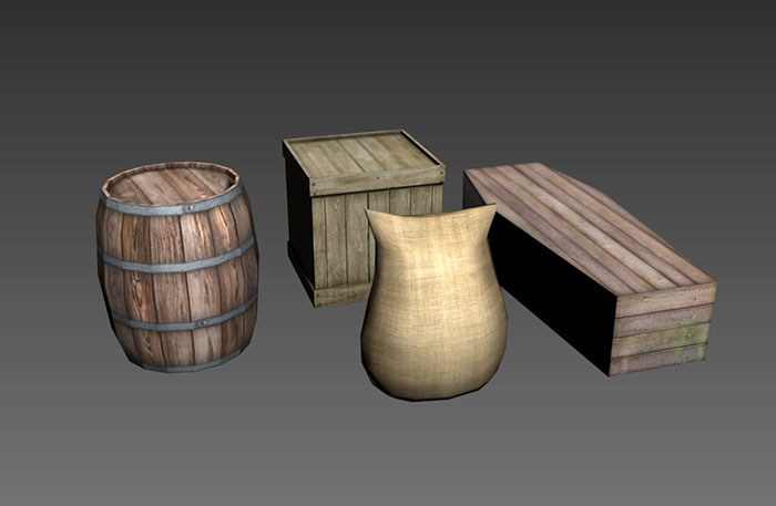 低多边形木箱子木桶沙袋道具3d模型插图