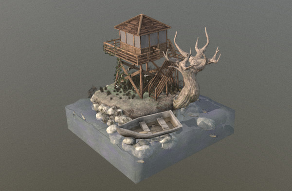 小岛上的木屋小船枯树场景模型插图
