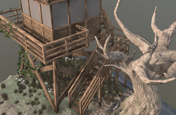 小岛上的木屋小船枯树场景模型插图1