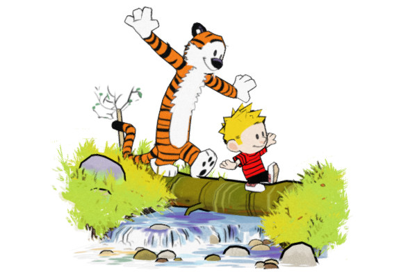 卡通风格老虎calvin-and-hobbes-log-bridge插图