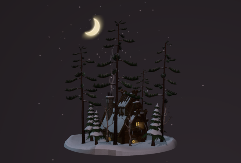 月光下冬季森林小屋3d模型插图
