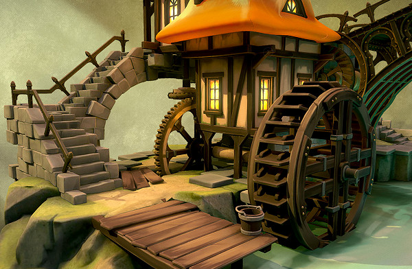 中世纪古老的水车面包店3d幻想场景模型插图1