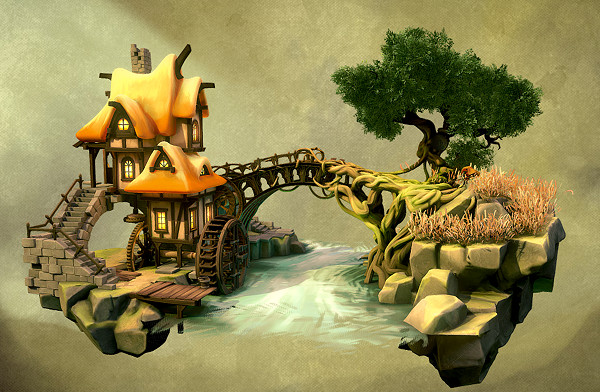 中世纪古老的水车面包店3d幻想场景模型插图