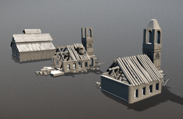 倒塌后的中世纪木房子建筑fbx模型插图1