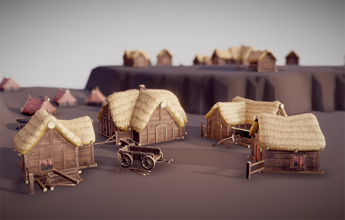 户外帐篷和木房子3d模型插图1