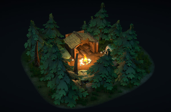 夜晚森林里的小木屋3d模型插图