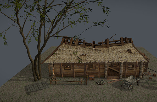 乡村大树下的破旧小木屋房子3d模型插图1