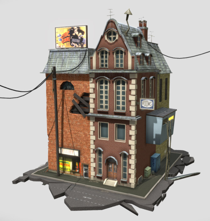 街上的老房子破建筑场景3d模型插图
