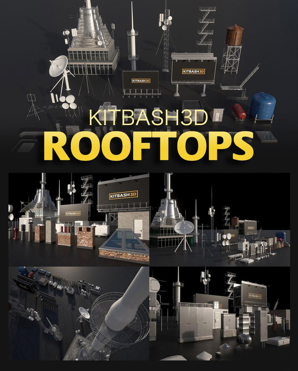 K034屋顶天线广告牌水电塔Kitbash3d – Rooftops插图