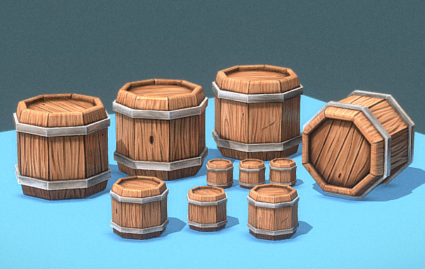手绘风格的木桶3d模型下载插图