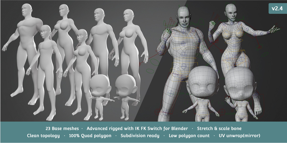 C653-8套基础网格人物角色Blender C4D模型包-动漫女性角色绑定模型插图1