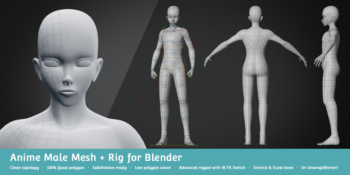 C653-8套基础网格人物角色Blender C4D模型包-动漫男性角色绑定模型插图