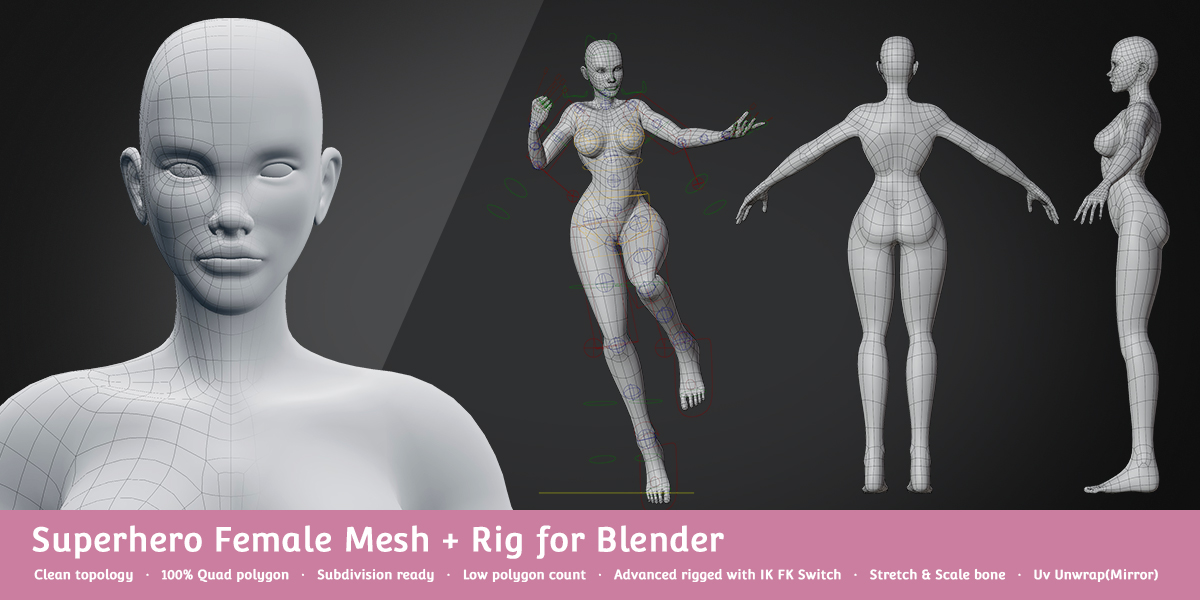 C653-8套基础网格人物角色Blender C4D模型包-超级英雄女性角色绑定模型插图