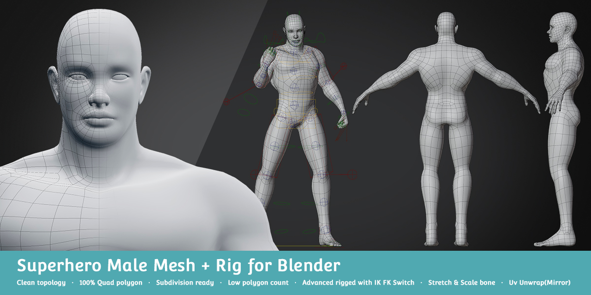 C653-8套基础网格人物角色Blender C4D模型包-超级英雄男性角色绑定模型插图