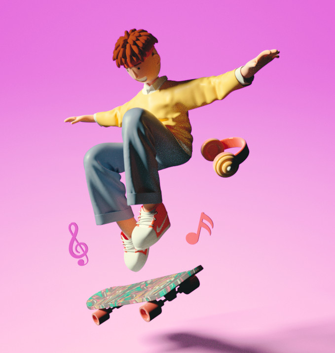 玩滑板的少年滑板男孩c4d模型，OC渲染插图