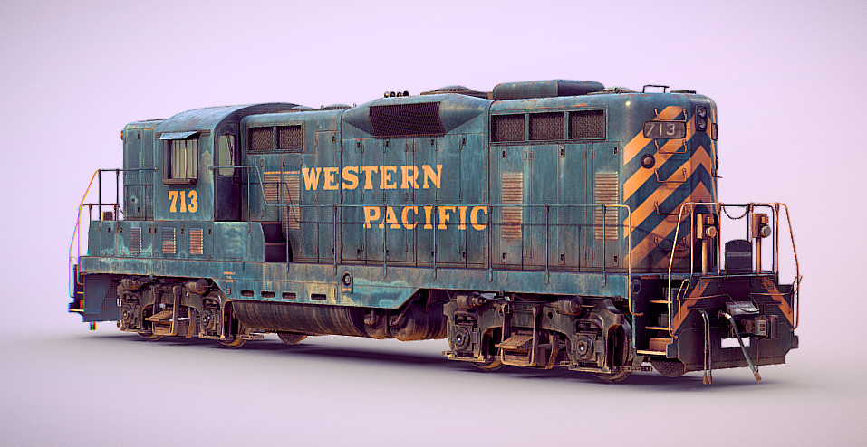 老旧的火车车厢内燃机车3d模型插图