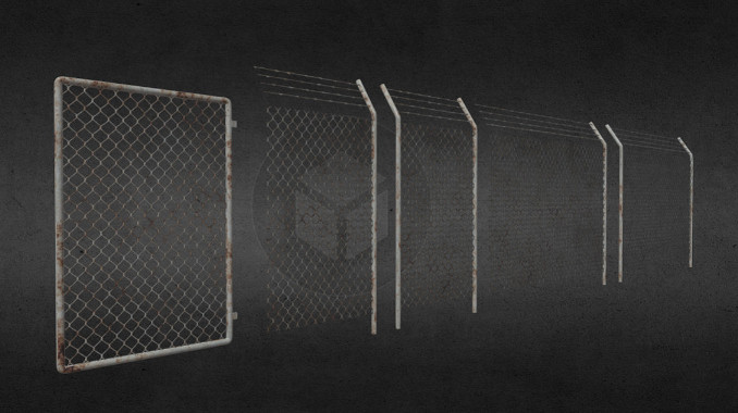 一组低聚乙烯生锈的铁网围栏3d模型插图