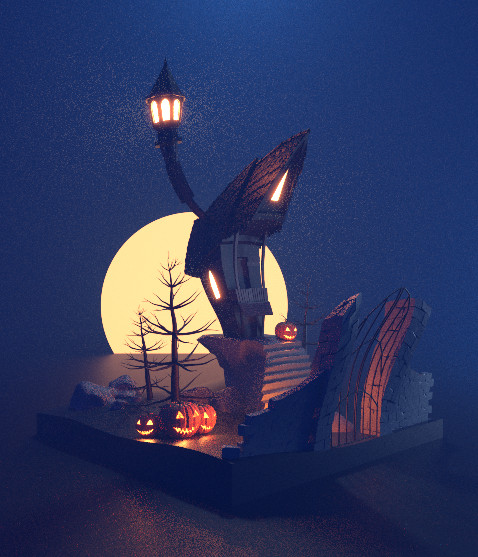 万圣节恐怖夜晚下的女巫木屋blender模型插图